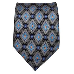 Joseph Bach Necktie Mens‎ Blue Grey Orange Silk Diamond Geometric Medallion